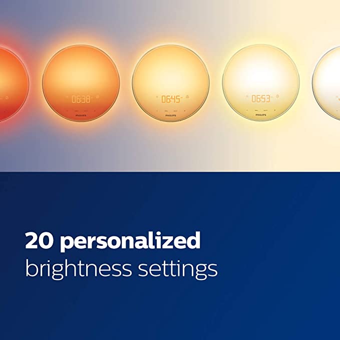 Philips SmartSleep Wake-up Light, Colored Sunrise and Sunset Simulation, 5 Natural Sounds, FM Radio & Reading Lamp, Tap Snooze, HF3520/60