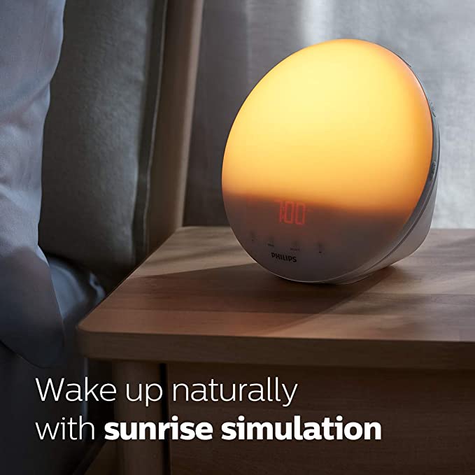 Philips SmartSleep Wake-up Light, Colored Sunrise and Sunset Simulation, 5 Natural Sounds, FM Radio & Reading Lamp, Tap Snooze, HF3520/60