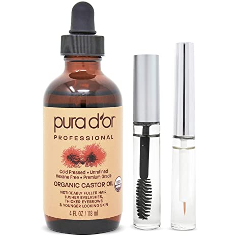 PURA D’OR Organic Castor Oil (4oz + 2 BONUS Pre-Filled Eyelash & Eyebrow Brushes) 100% Pure, Cold Pressed, Hexane Free Growth Serum For Fuller, Thicker Lashes & Brows, Moisturizes & Cleanses Skin14.99