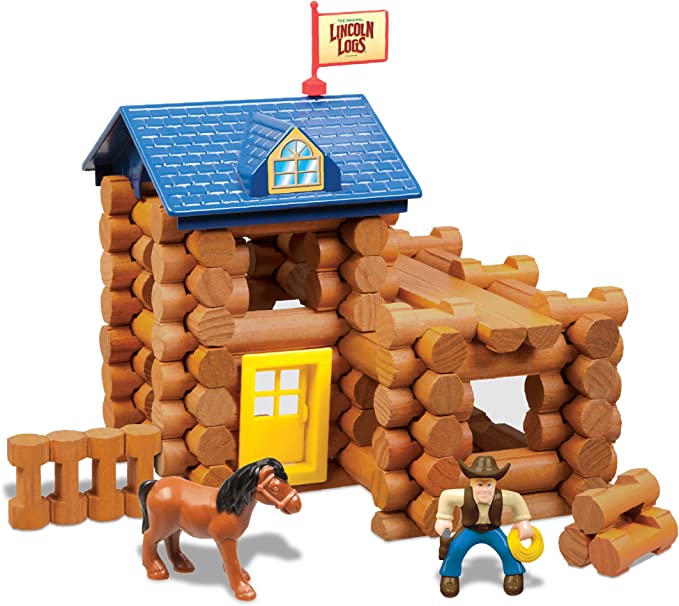 LINCOLN LOGS-Horseshoe Hill Station-83 Pieces-Real Wood Logs – Ages 3+ – Best Retro Building Gift Set for Boys/Girls – Creative Construction Engineering – Top Blocks Game Kit – Preschool Education Toy