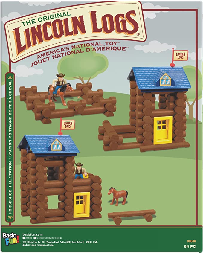 LINCOLN LOGS-Horseshoe Hill Station-83 Pieces-Real Wood Logs – Ages 3+ – Best Retro Building Gift Set for Boys/Girls – Creative Construction Engineering – Top Blocks Game Kit – Preschool Education Toy