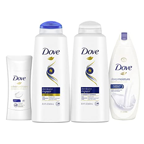 Dove Hair and Skin Care Regimen Pack For Soft Skin and Clean Hair Deep Moisture Includes 2 Hair and 2 Skin Care Products