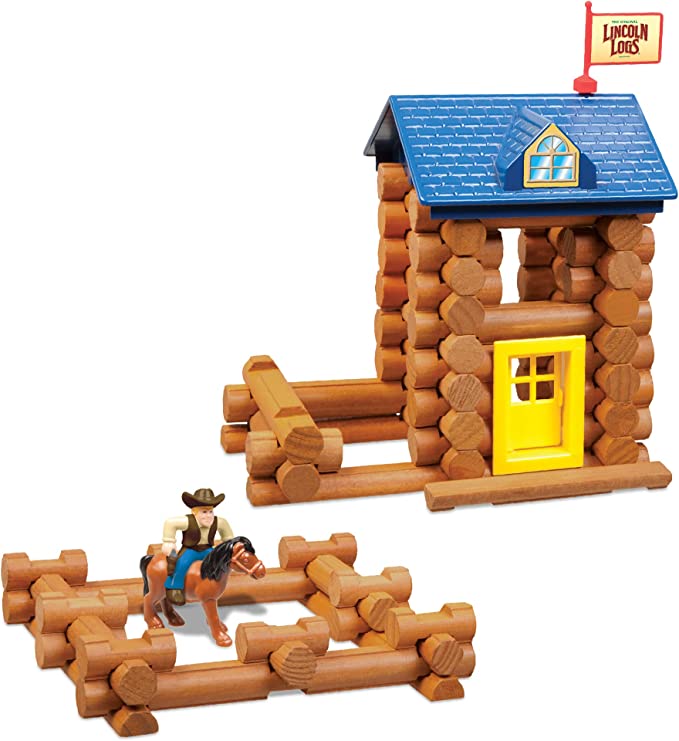 LINCOLN LOGS-Horseshoe Hill Station-83 Pieces-Real Wood Logs – Ages 3+ – Best Retro Building Gift Set for Boys/Girls – Creative Construction Engineering – Top Blocks Game Kit – Preschool Education Toy