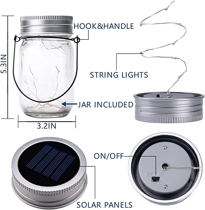 Solpex Solar Mason Jar Lights 30 LEDs, 6 Pack Fairy Hanging Solar Outdoor String Lights with Jars and Hangers, Waterproof Decorative Fairy Solar Lantern Lights for Garden Balcony Patio- Warm White