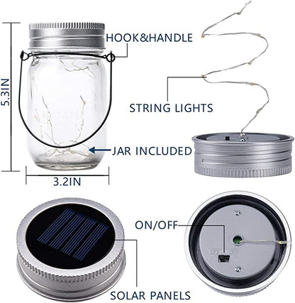 Solpex Solar Mason Jar Lights 30 LEDs, 6 Pack Fairy Hanging Solar Outdoor String Lights with Jars and Hangers, Waterproof Decorative Fairy Solar Lantern Lights for Garden Balcony Patio- Warm White