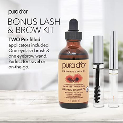 PURA D’OR Organic Castor Oil (4oz + 2 BONUS Pre-Filled Eyelash & Eyebrow Brushes) 100% Pure, Cold Pressed, Hexane Free Growth Serum For Fuller, Thicker Lashes & Brows, Moisturizes & Cleanses Skin14.99