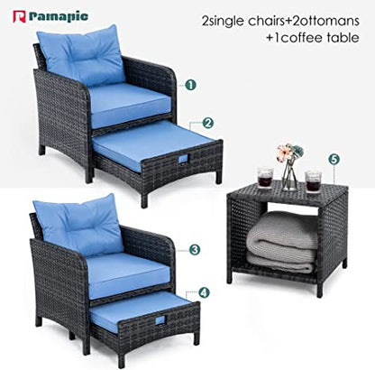 Pamapic 5 Pieces Wicker Patio Furniture Set Outdoor Patio Chairs with Ottomans Conversation Furniture with coffetable for Poorside Garden Balcony(Blue)