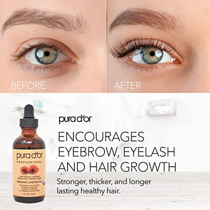 PURA D’OR Organic Castor Oil (4oz + 2 BONUS Pre-Filled Eyelash & Eyebrow Brushes) 100% Pure, Cold Pressed, Hexane Free Growth Serum For Fuller, Thicker Lashes & Brows, Moisturizes & Cleanses Skin14.99