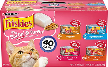 Purina Friskies Wet Cat Food Variety Pack, Surfin’ & Turfin’ Prime Filets Favorites – 5.5 oz. – 40 Cans (Pack of 1)