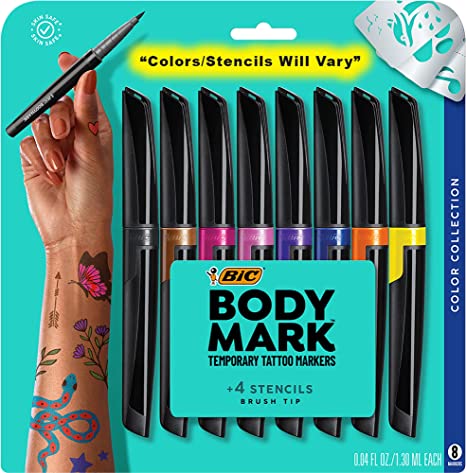 BIC BodyMark Temporary Tattoo Markers for Skin, Color Collection, Flexible Brush Tip, 8-Count Pack of Assorted Colors, Skin-Safe*, Cosmetic Quality (MTBP81-AST) Visit the BIC Store