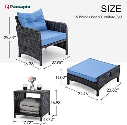 Pamapic 5 Pieces Wicker Patio Furniture Set Outdoor Patio Chairs with Ottomans Conversation Furniture with coffetable for Poorside Garden Balcony(Blue)