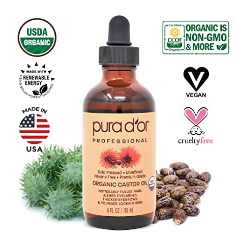 PURA D’OR Organic Castor Oil (4oz + 2 BONUS Pre-Filled Eyelash & Eyebrow Brushes) 100% Pure, Cold Pressed, Hexane Free Growth Serum For Fuller, Thicker Lashes & Brows, Moisturizes & Cleanses Skin14.99