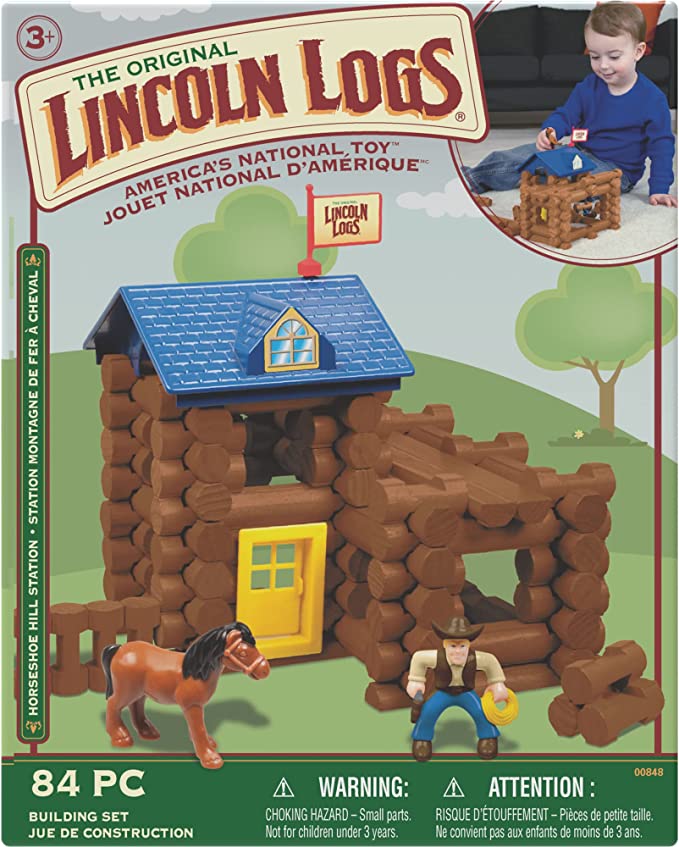 LINCOLN LOGS-Horseshoe Hill Station-83 Pieces-Real Wood Logs – Ages 3+ – Best Retro Building Gift Set for Boys/Girls – Creative Construction Engineering – Top Blocks Game Kit – Preschool Education Toy