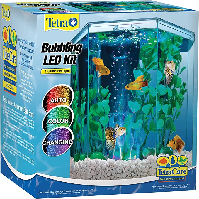 Tetra Bubbling LED Aquarium Kit 1 Gallon, Hexagon Shape, With Color-Changing Light Disc